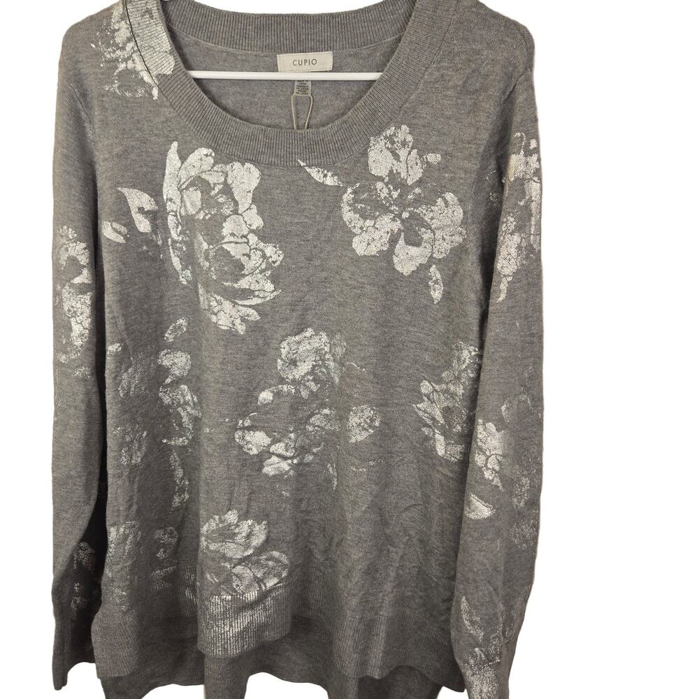CUPIO Floral Print Long Sleeve Sweater METALLIC FLORAL Women's 1X Grey Silver